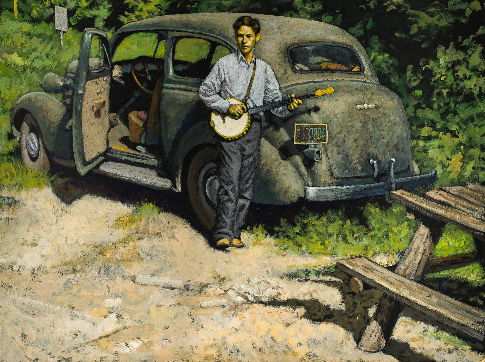 Ed Epstein Self Portrait with car and banjo